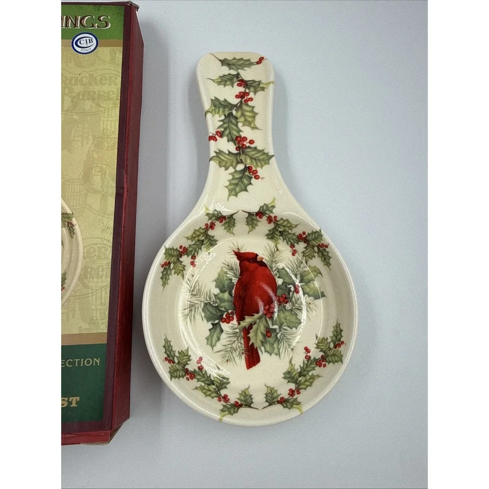 Cracker Barrel Plaid Tidings Cardinal Bird Holly Berries Ceramic Spoon Rest